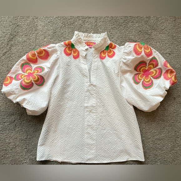 Like New THML White Embroidered Puff Sleeve Textured Boutique Top, Size X-Small. - Picture 9 of 10